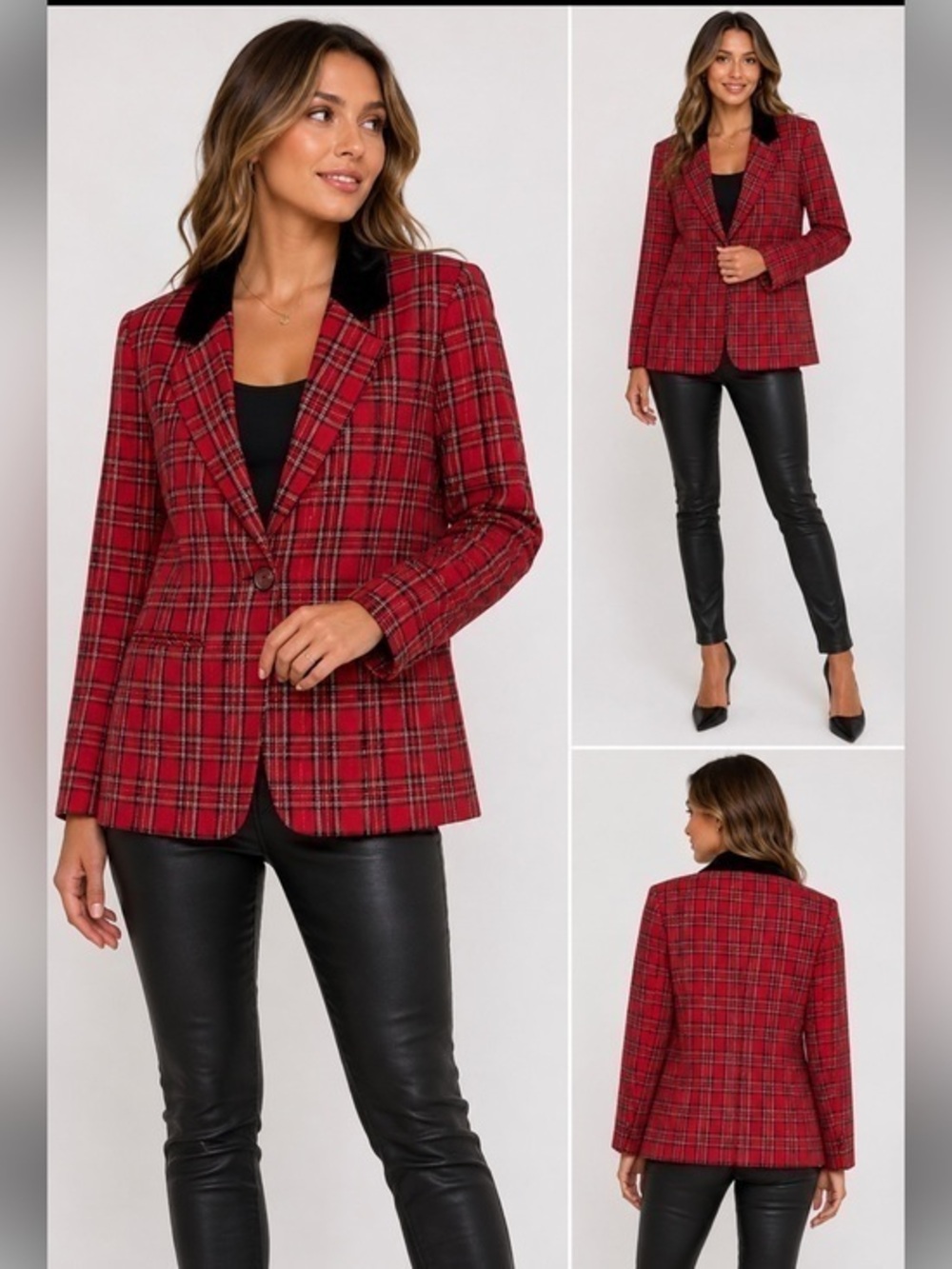 Sag Harbor Red Plaid Blazer Size 10 Velvet Collar Vintage Preppy Jacket